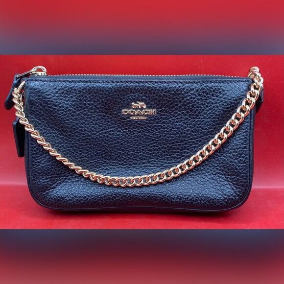 Coach Large Wristlet Black Pebbled Leather Gold Chain 7 X 5” - Picture 1 of 8